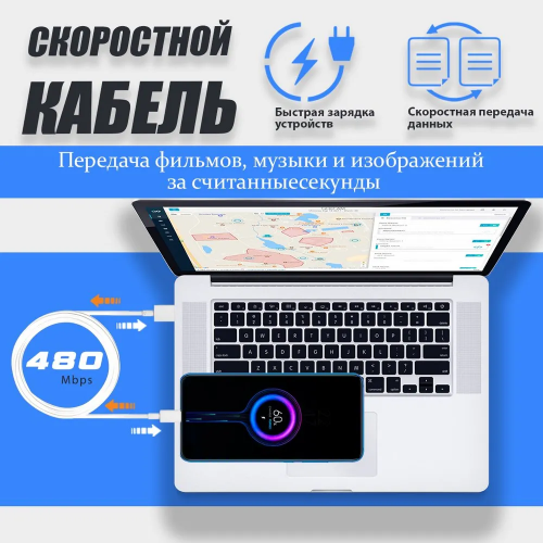 КОМПЛЕКТ Зарядное устройство 120w быстрая зарядка + USB to type-c